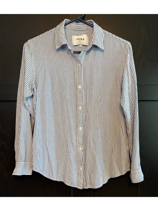 pistola Tops - Pistola Women's Striped Button Down Long Sleeve Collared Shirt XS Preppy Modern